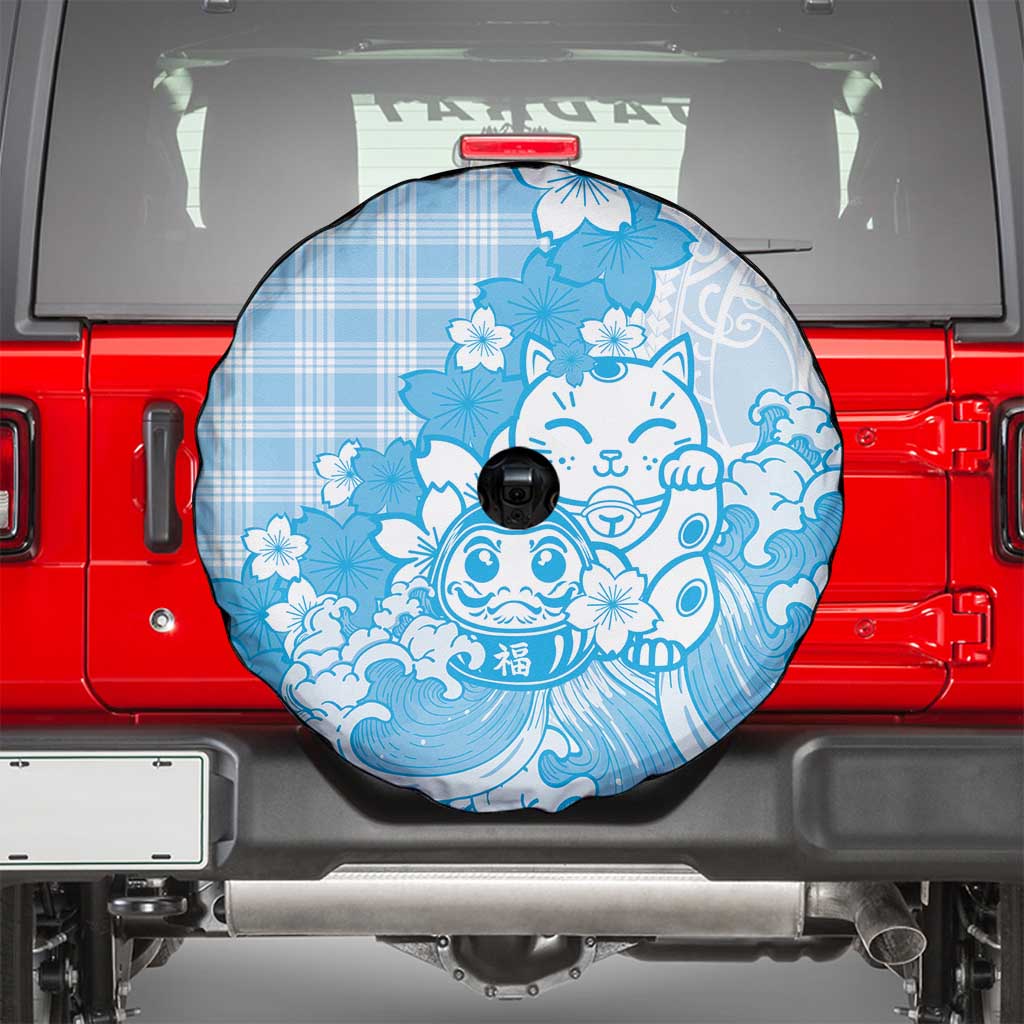 Blue Palaka Hawaiian And Japanese Spare Tire Cover Maneki Neko And Sakura Bloom DT05 - Polynesian Pride
