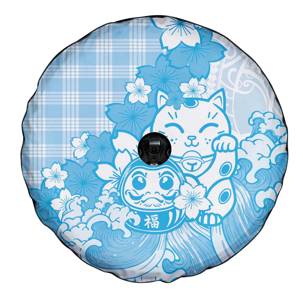 Blue Palaka Hawaiian And Japanese Spare Tire Cover Maneki Neko And Sakura Bloom DT05 - Polynesian Pride