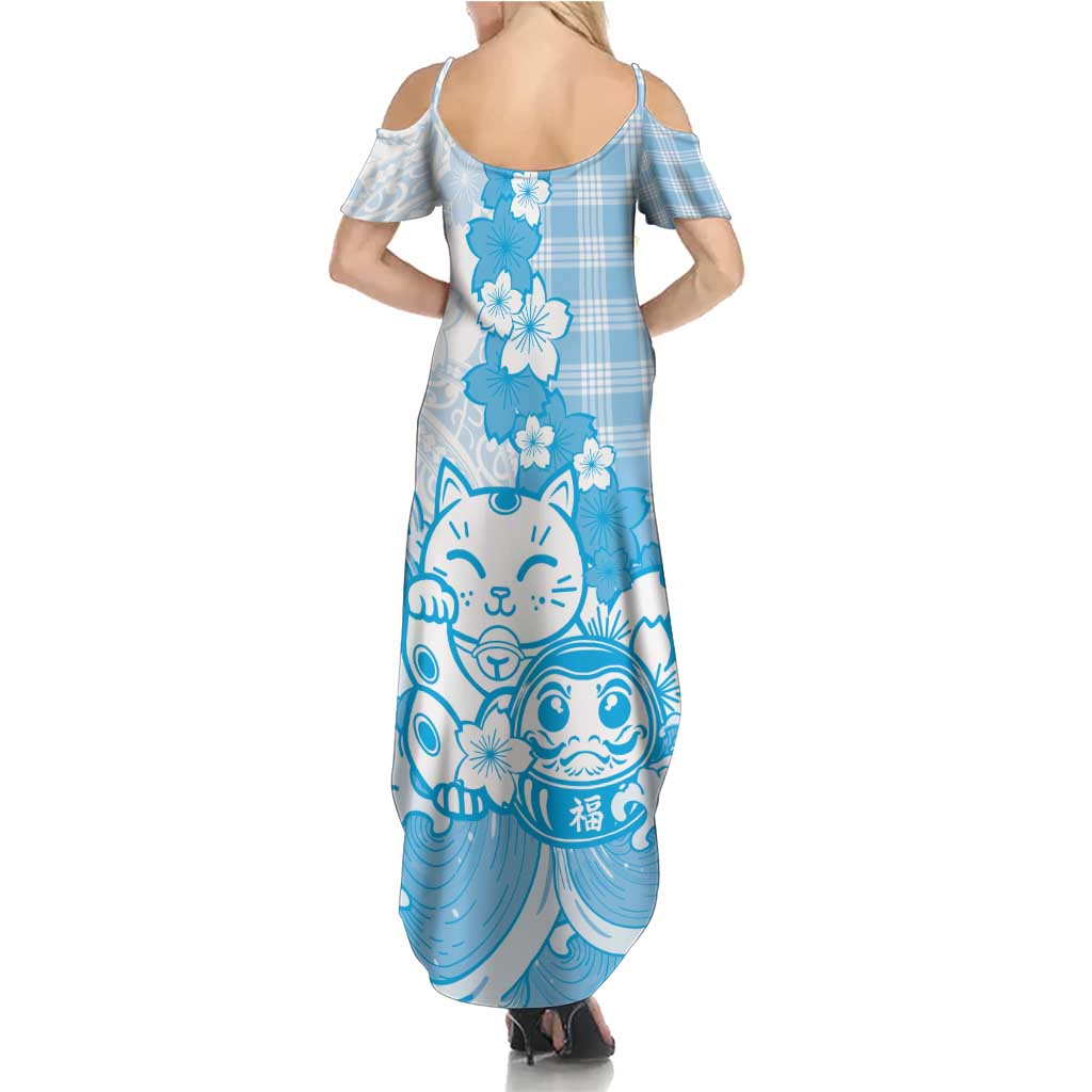 Blue Palaka Hawaiian And Japanese Summer Maxi Dress Maneki Neko And Sakura Bloom DT05 - Polynesian Pride