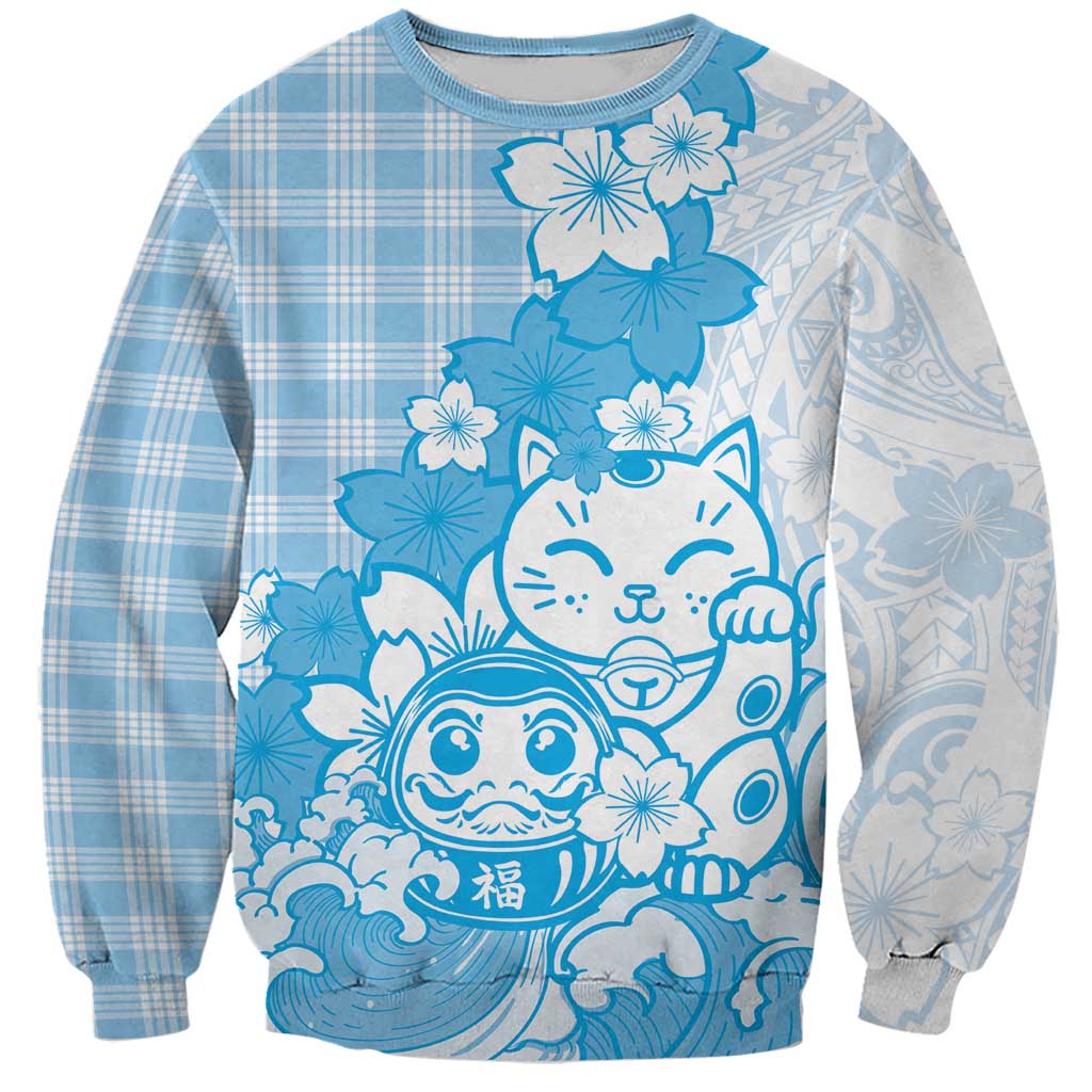 Blue Palaka Hawaiian And Japanese Sweatshirt Maneki Neko And Sakura Bloom DT05 Unisex Blue - Polynesian Pride
