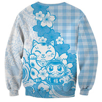 Blue Palaka Hawaiian And Japanese Sweatshirt Maneki Neko And Sakura Bloom DT05 - Polynesian Pride