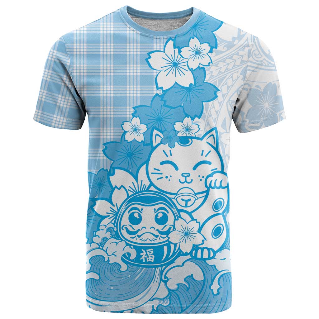 Blue Palaka Hawaiian And Japanese T Shirt Maneki Neko And Sakura Bloom DT05 Blue - Polynesian Pride