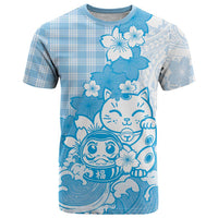 Blue Palaka Hawaiian And Japanese T Shirt Maneki Neko And Sakura Bloom DT05 Blue - Polynesian Pride