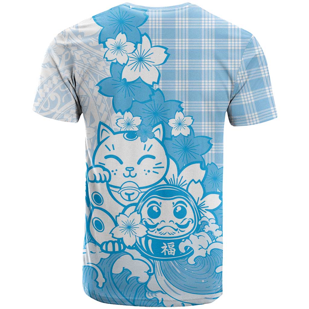 Blue Palaka Hawaiian And Japanese T Shirt Maneki Neko And Sakura Bloom DT05 - Polynesian Pride