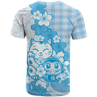 Blue Palaka Hawaiian And Japanese T Shirt Maneki Neko And Sakura Bloom DT05 - Polynesian Pride
