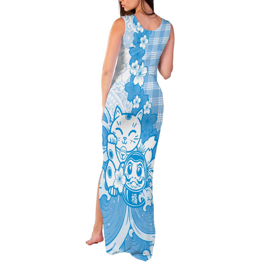 Blue Palaka Hawaiian And Japanese Tank Maxi Dress Maneki Neko And Sakura Bloom DT05 - Polynesian Pride