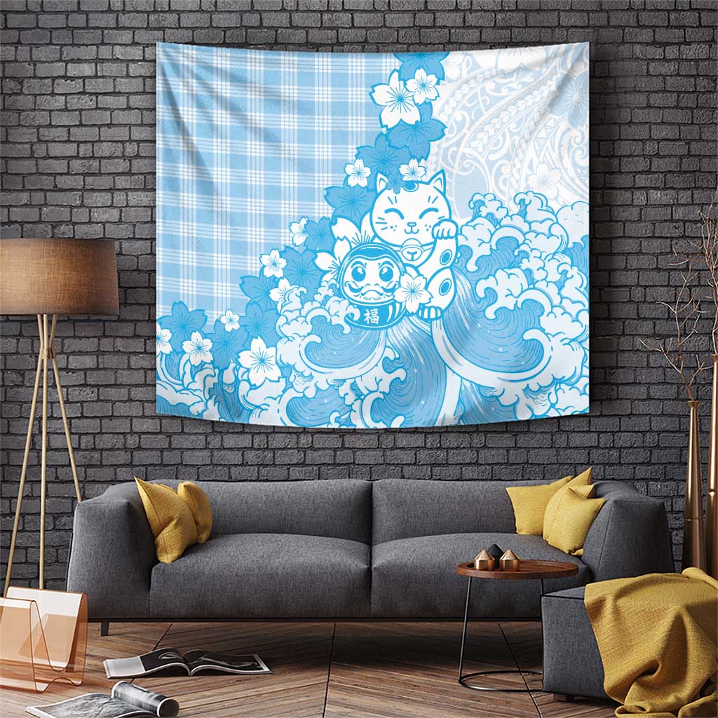 Blue Palaka Hawaiian And Japanese Tapestry Maneki Neko And Sakura Bloom DT05 Blue - Polynesian Pride