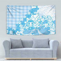 Blue Palaka Hawaiian And Japanese Tapestry Maneki Neko And Sakura Bloom DT05 - Polynesian Pride