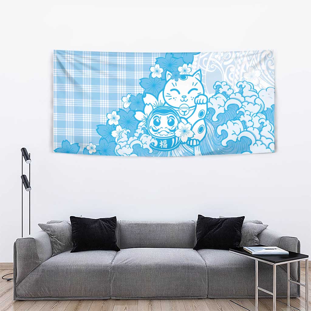 Blue Palaka Hawaiian And Japanese Tapestry Maneki Neko And Sakura Bloom DT05 - Polynesian Pride