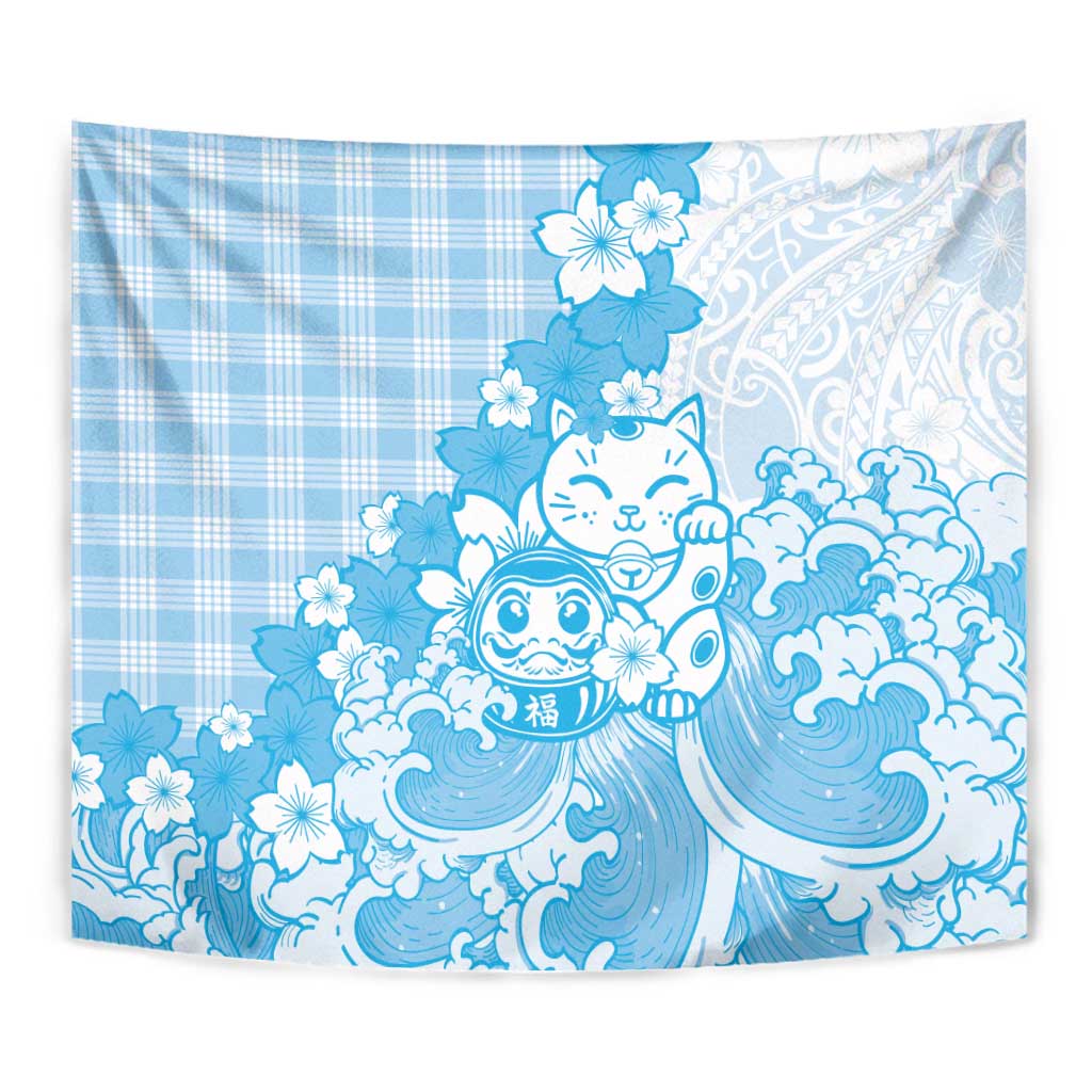 Blue Palaka Hawaiian And Japanese Tapestry Maneki Neko And Sakura Bloom DT05 - Polynesian Pride