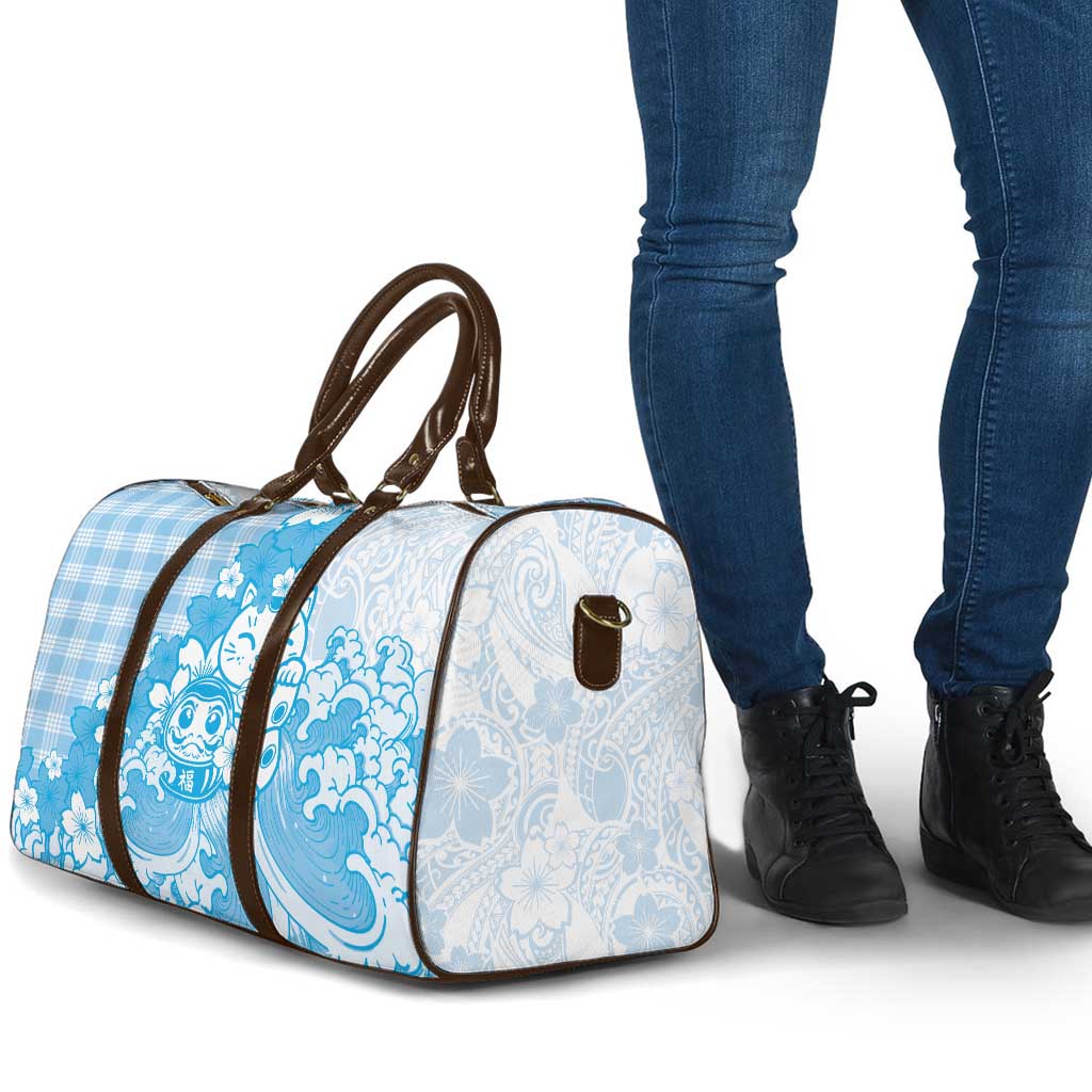 Blue Palaka Hawaiian And Japanese Travel Bag Maneki Neko And Sakura Bloom DT05 - Polynesian Pride