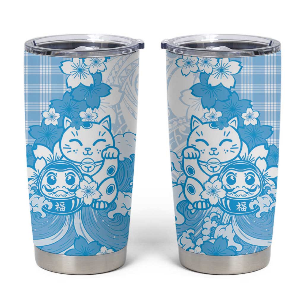 Blue Palaka Hawaiian And Japanese Tumbler Cup Maneki Neko And Sakura Bloom DT05 Blue - Polynesian Pride