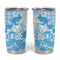 Blue Palaka Hawaiian And Japanese Tumbler Cup Maneki Neko And Sakura Bloom DT05 Blue - Polynesian Pride