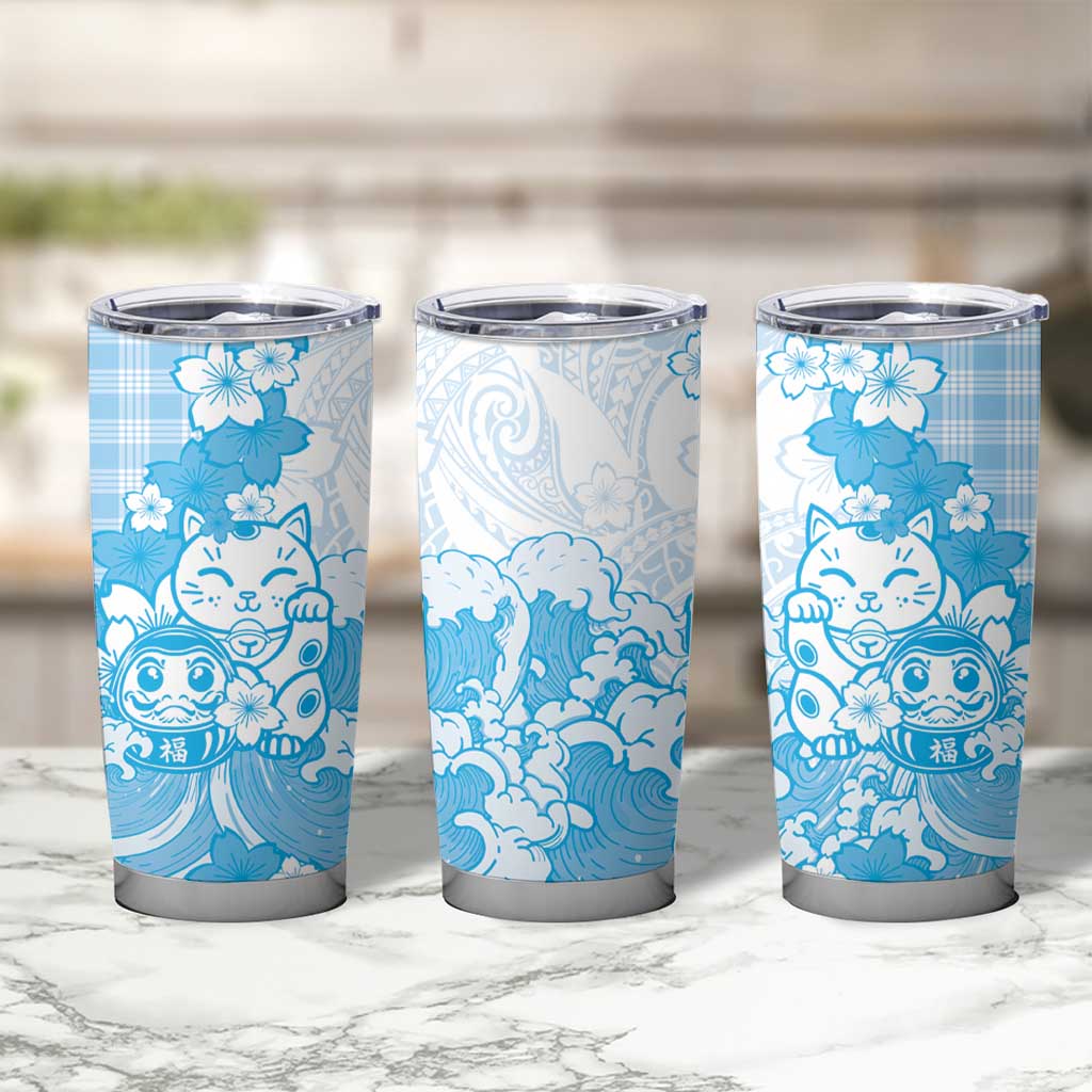 Blue Palaka Hawaiian And Japanese Tumbler Cup Maneki Neko And Sakura Bloom DT05 - Polynesian Pride