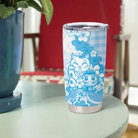 Blue Palaka Hawaiian And Japanese Tumbler Cup Maneki Neko And Sakura Bloom DT05 - Polynesian Pride