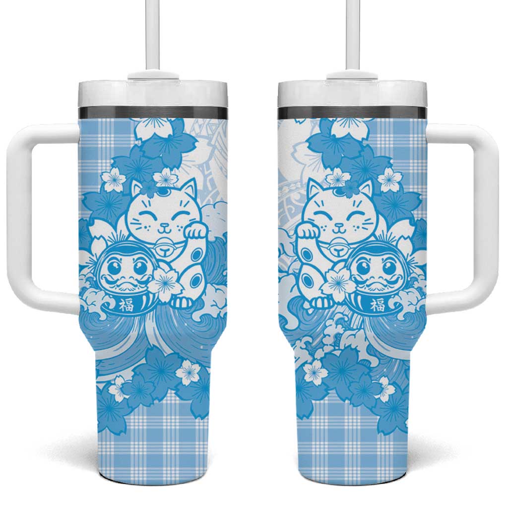 Blue Palaka Hawaiian And Japanese Tumbler With Handle Maneki Neko And Sakura Bloom DT05 One Size: 40 oz Blue - Polynesian Pride
