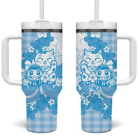 Blue Palaka Hawaiian And Japanese Tumbler With Handle Maneki Neko And Sakura Bloom DT05 One Size: 40 oz Blue - Polynesian Pride
