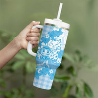 Blue Palaka Hawaiian And Japanese Tumbler With Handle Maneki Neko And Sakura Bloom DT05 - Polynesian Pride