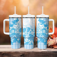 Blue Palaka Hawaiian And Japanese Tumbler With Handle Maneki Neko And Sakura Bloom DT05 - Polynesian Pride
