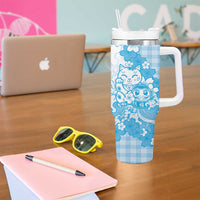 Blue Palaka Hawaiian And Japanese Tumbler With Handle Maneki Neko And Sakura Bloom DT05 - Polynesian Pride