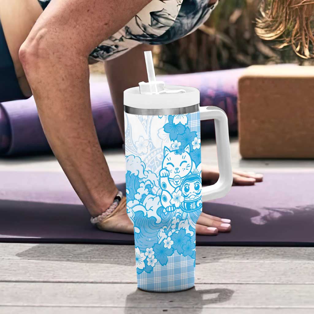 Blue Palaka Hawaiian And Japanese Tumbler With Handle Maneki Neko And Sakura Bloom DT05 - Polynesian Pride