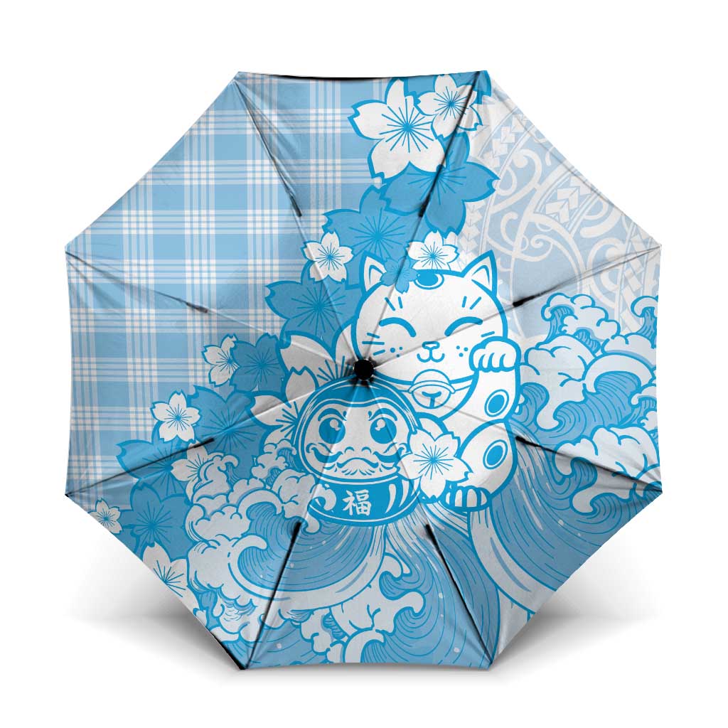Blue Palaka Hawaiian And Japanese Umbrella Maneki Neko And Sakura Bloom DT05 One Size Folded 11.42 inch Opened Diameter 37.4 inch Blue - Polynesian Pride