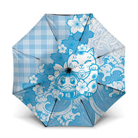 Blue Palaka Hawaiian And Japanese Umbrella Maneki Neko And Sakura Bloom DT05 One Size Folded 11.42 inch Opened Diameter 37.4 inch Blue - Polynesian Pride