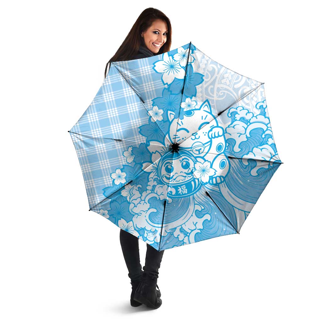 Blue Palaka Hawaiian And Japanese Umbrella Maneki Neko And Sakura Bloom DT05 - Polynesian Pride