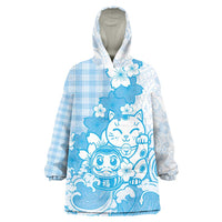 Blue Palaka Hawaiian And Japanese Wearable Blanket Hoodie Maneki Neko And Sakura Bloom DT05 One Size Blue - Polynesian Pride