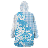 Blue Palaka Hawaiian And Japanese Wearable Blanket Hoodie Maneki Neko And Sakura Bloom DT05 - Polynesian Pride