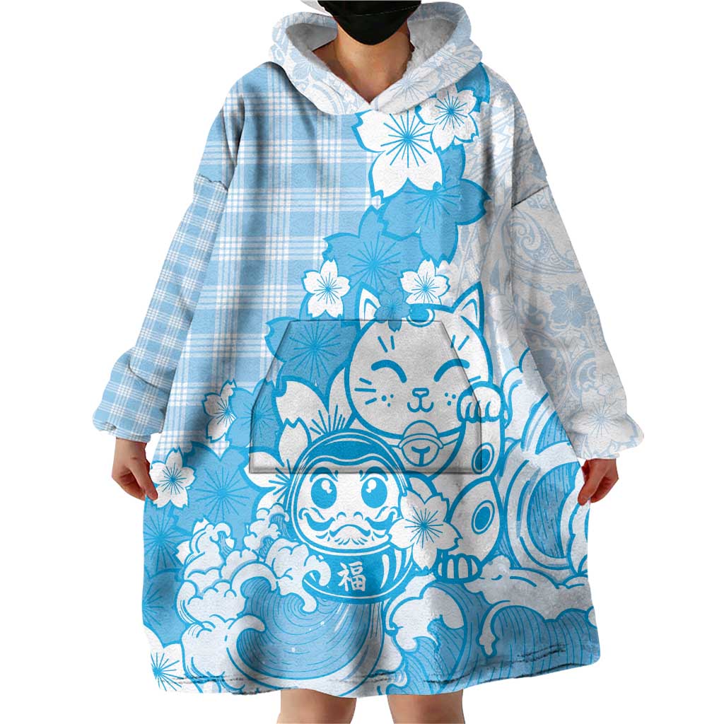 Blue Palaka Hawaiian And Japanese Wearable Blanket Hoodie Maneki Neko And Sakura Bloom DT05 - Polynesian Pride