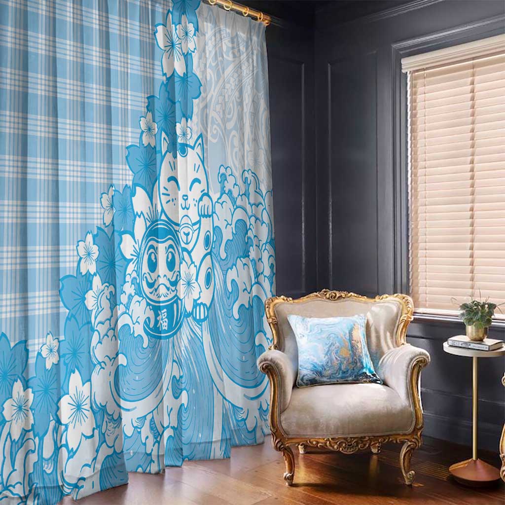 Blue Palaka Hawaiian And Japanese Window Curtain Maneki Neko And Sakura Bloom