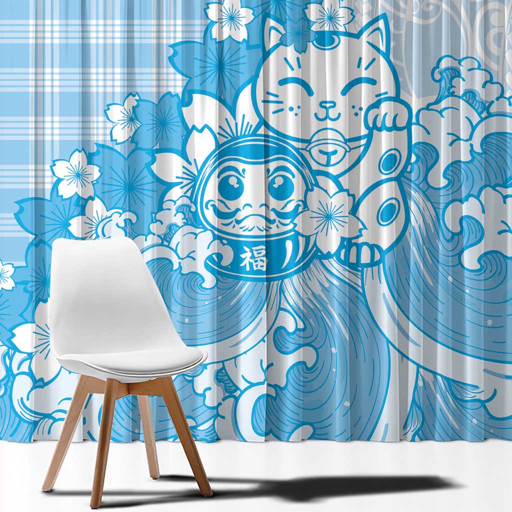 Blue Palaka Hawaiian And Japanese Window Curtain Maneki Neko And Sakura Bloom