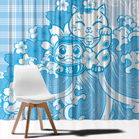 Blue Palaka Hawaiian And Japanese Window Curtain Maneki Neko And Sakura Bloom