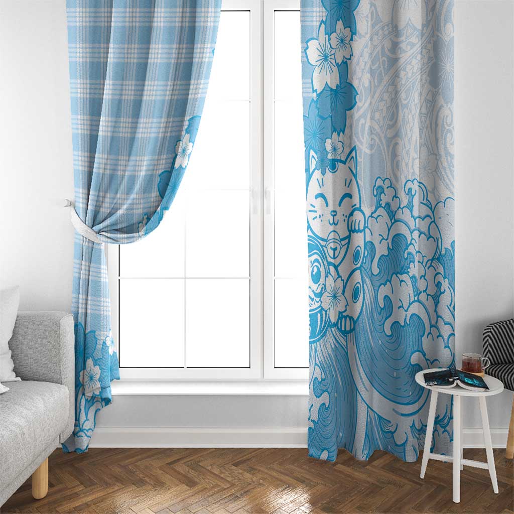 Blue Palaka Hawaiian And Japanese Window Curtain Maneki Neko And Sakura Bloom