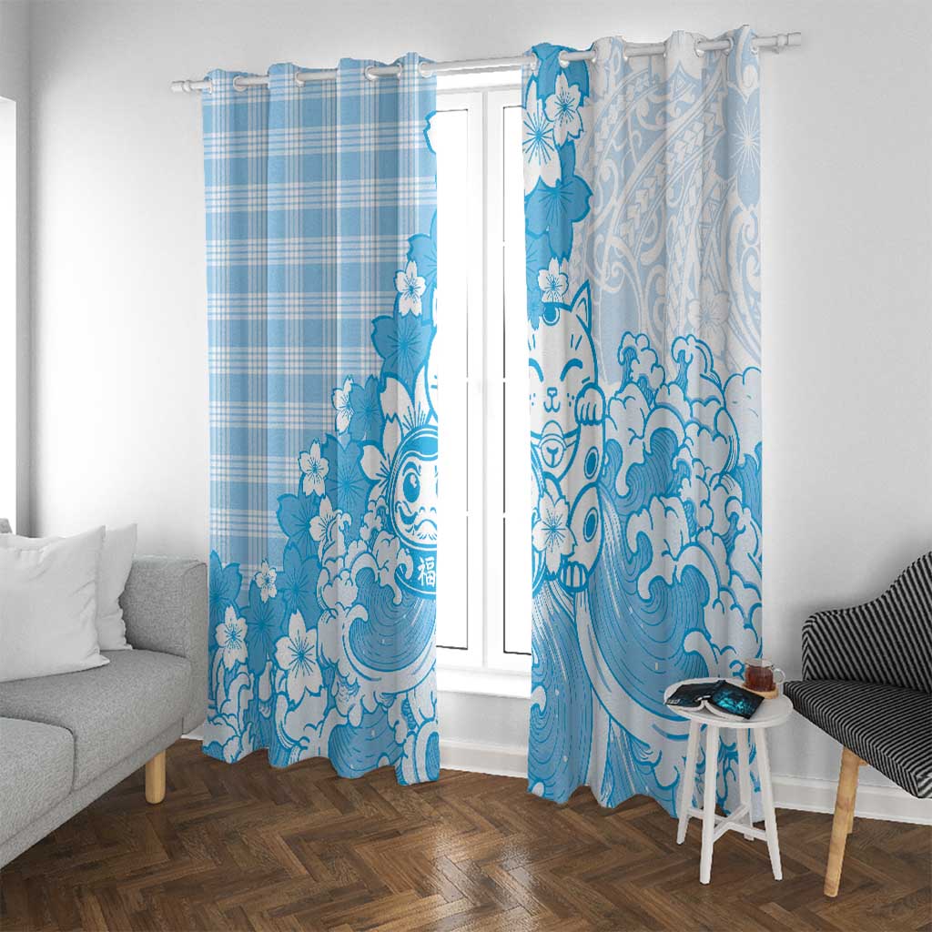Blue Palaka Hawaiian And Japanese Window Curtain Maneki Neko And Sakura Bloom