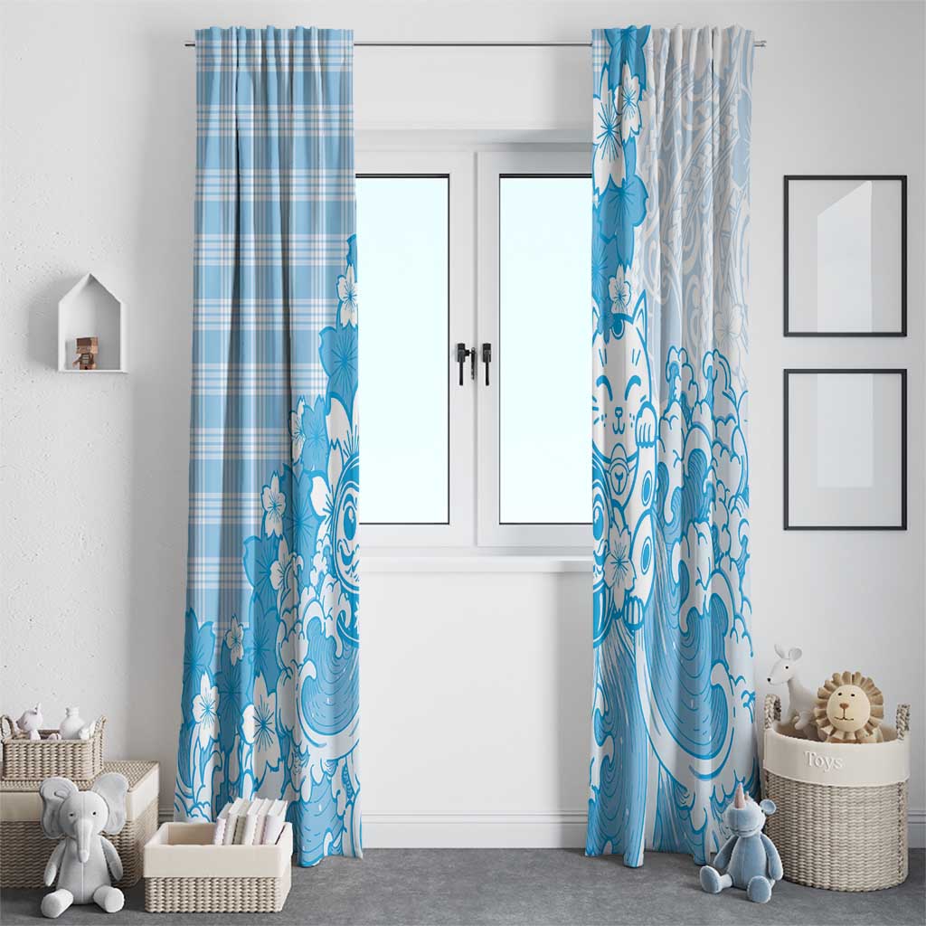 Blue Palaka Hawaiian And Japanese Window Curtain Maneki Neko And Sakura Bloom
