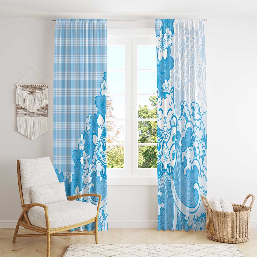 Blue Palaka Hawaiian And Japanese Window Curtain Maneki Neko And Sakura Bloom