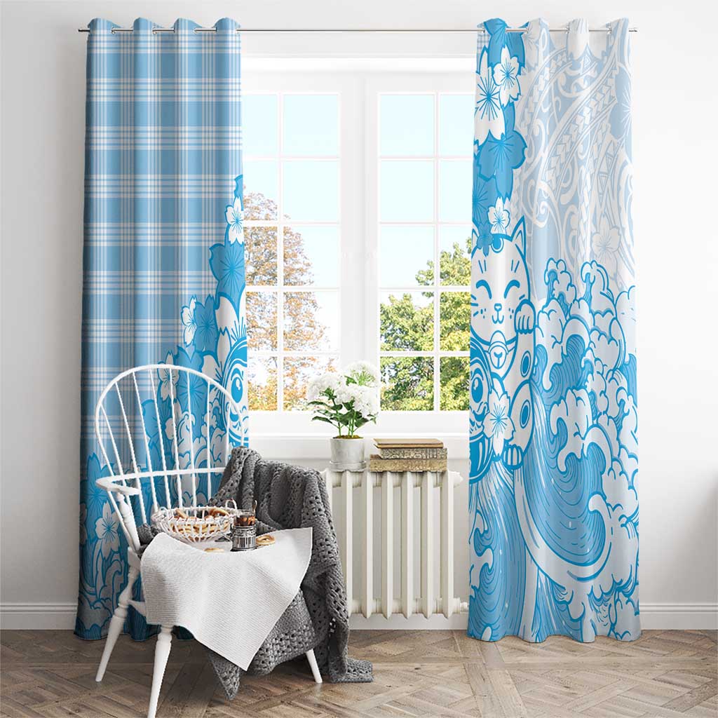 Blue Palaka Hawaiian And Japanese Window Curtain Maneki Neko And Sakura Bloom