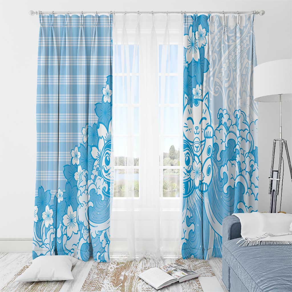 Blue Palaka Hawaiian And Japanese Window Curtain Maneki Neko And Sakura Bloom