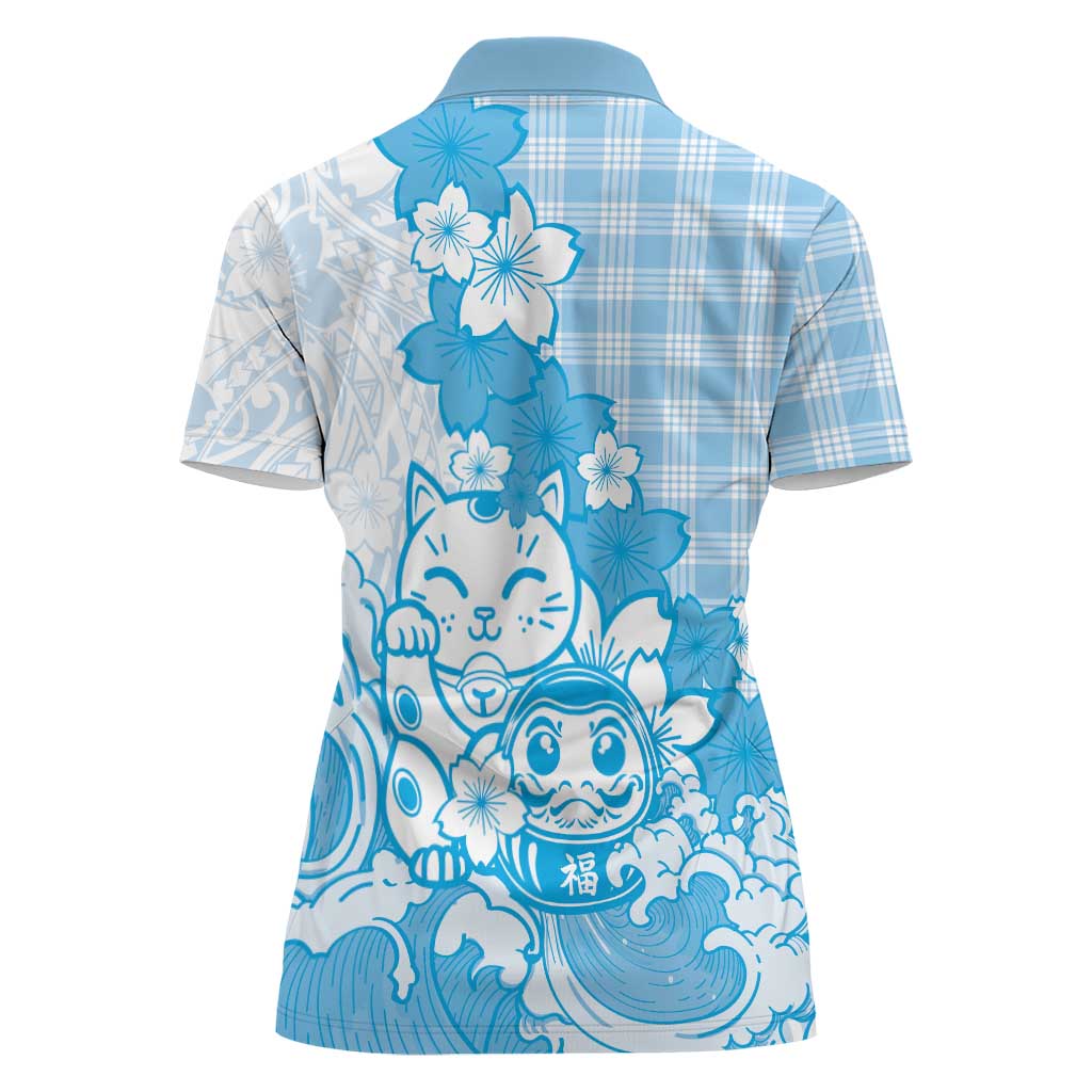 Blue Palaka Hawaiian And Japanese Women Polo Shirt Maneki Neko And Sakura Bloom DT05 - Polynesian Pride