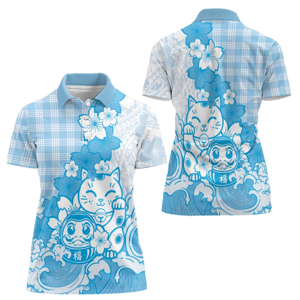 Blue Palaka Hawaiian And Japanese Women Polo Shirt Maneki Neko And Sakura Bloom DT05 - Polynesian Pride