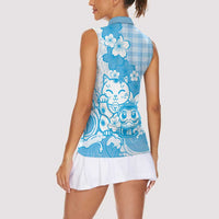 Blue Palaka Hawaiian And Japanese Women Sleeveless Polo Shirt Maneki Neko And Sakura Bloom DT05 - Polynesian Pride