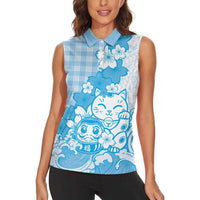 Blue Palaka Hawaiian And Japanese Women Sleeveless Polo Shirt Maneki Neko And Sakura Bloom DT05 - Polynesian Pride