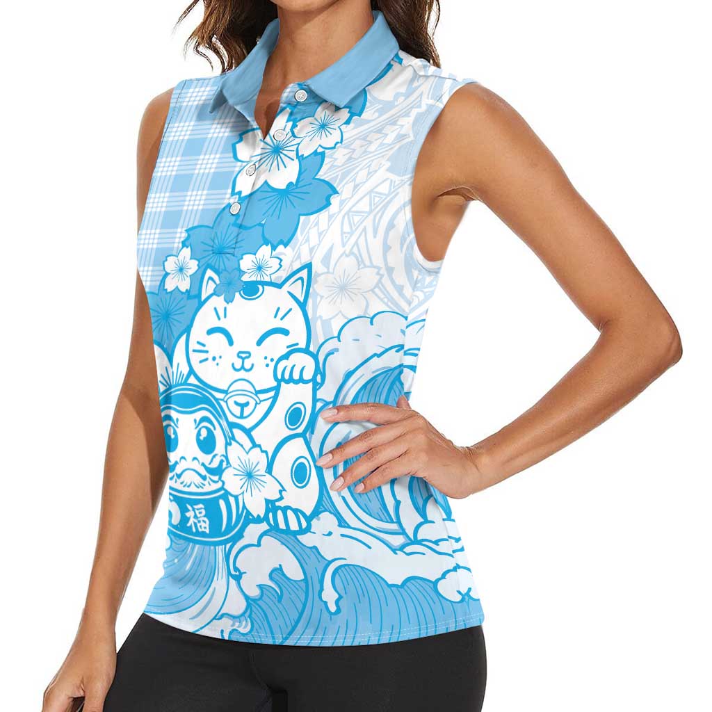 Blue Palaka Hawaiian And Japanese Women Sleeveless Polo Shirt Maneki Neko And Sakura Bloom DT05 - Polynesian Pride
