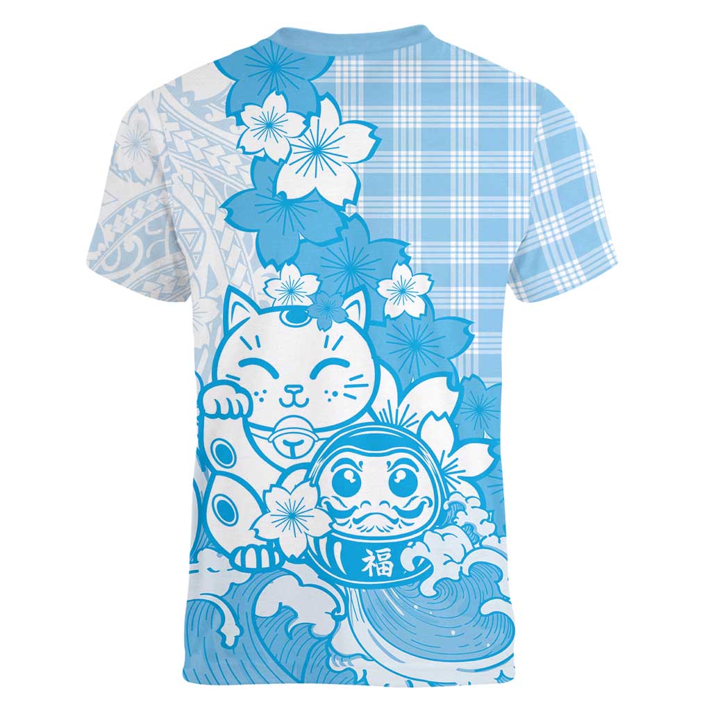 Blue Palaka Hawaiian And Japanese Women V-Neck T-Shirt Maneki Neko And Sakura Bloom DT05 - Polynesian Pride