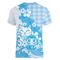 Blue Palaka Hawaiian And Japanese Women V-Neck T-Shirt Maneki Neko And Sakura Bloom DT05 - Polynesian Pride