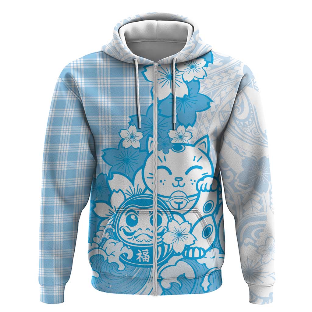 Blue Palaka Hawaiian And Japanese Zip Hoodie Maneki Neko And Sakura Bloom DT05 Zip Hoodie Blue - Polynesian Pride