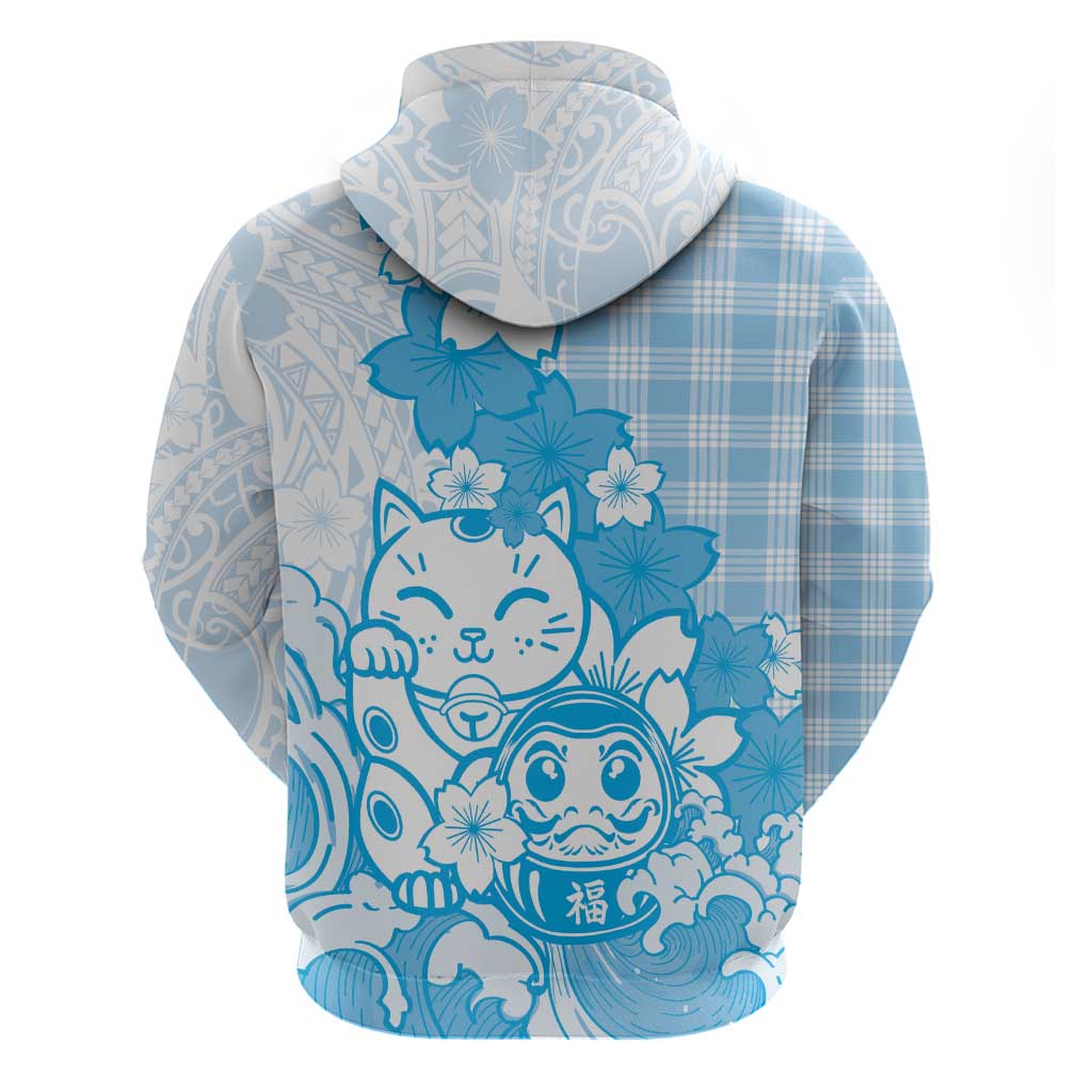 Blue Palaka Hawaiian And Japanese Zip Hoodie Maneki Neko And Sakura Bloom DT05 - Polynesian Pride