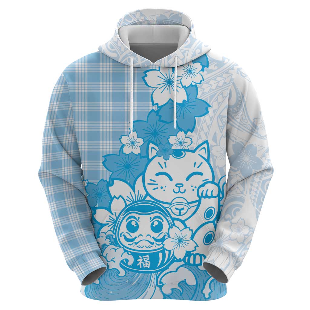 Blue Palaka Hawaiian And Japanese Zip Hoodie Maneki Neko And Sakura Bloom DT05 - Polynesian Pride